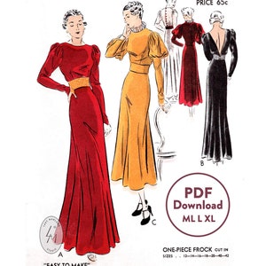 ML L XL vintage Schnittmuster 30er Jahre Abendkleid Reproduktion / Renaissance inspiriert / tiefer V Rücken / PDF Instant Download