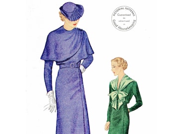 vintage sewing pattern reproduction / 1930s 30s wraparound cape dress / 2 styles / scarf collar / bust 32 34 36 38 40