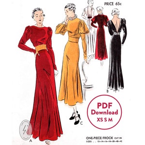 XS S M vintage sewing pattern 1930s 30s evening gown sewing pattern reproduction / Renaissance inspired / deep V back / PDF Instant Download