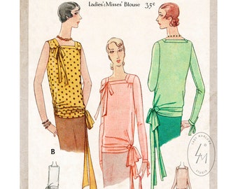 modello di cucito vintage 1920s 1930s pattern // flapper blouse bow detail // riproduzione // SCEGLI LA TUA TAGLIA Busto 32 34 36 38 40