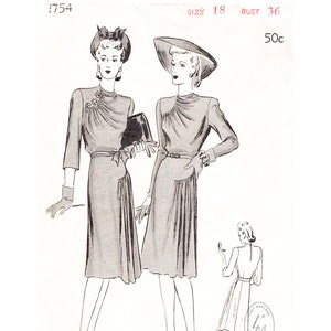 1940 Vintage Sewing Pattern 1940s Film Noir Dress With Curved - Etsy