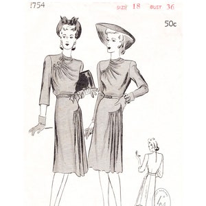 1940 vintage sewing pattern 1940s film noir dress with curved seams & draped neckline Bust 36 reproduction