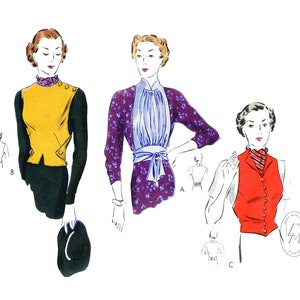 May include: Three different styles of vintage women's blouses with a high neckline and button closures. The first blouse is purple with a floral print and a blue collar. The second blouse is yellow with a black collar and sleeves. The third blouse is red with a black collar and sleeves.
