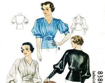vintage sewing pattern 1930s 30s misses women's  art deco evening blouse lantern sleeves Bust 34 Repro with French & English instructions