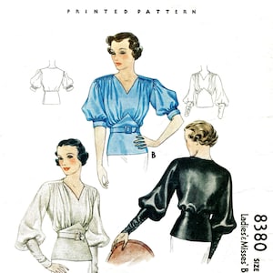 vintage sewing pattern 1930s 30s misses women&#39;s  art deco evening blouse lantern sleeves Bust 34 Repro with French & English instructions
