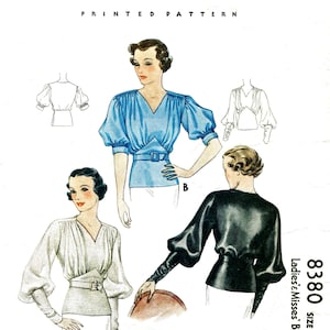 vintage sewing pattern 1930s 30s misses women's  art deco evening blouse lantern sleeves Bust 34 Repro with French & English instructions