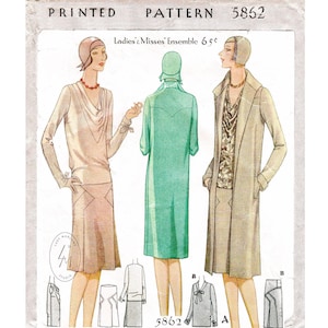 1920s vintage sewing pattern 3 piece set / coat jacket / cowl neck blouse & skirt / reproduction / PICK YOUR SIZE