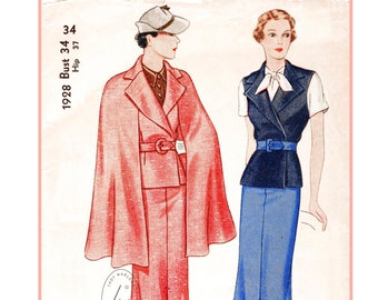 Vintage naaipatroon jaren 30/30 / rok pak cape cape blazer 3-delig ensemble / buste 34 b34 reproductie