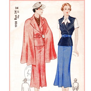 1930s 30s vintage sewing pattern / skirt suit cape capelet blazer 3 piece ensemble / bust 34 b34 reproduction