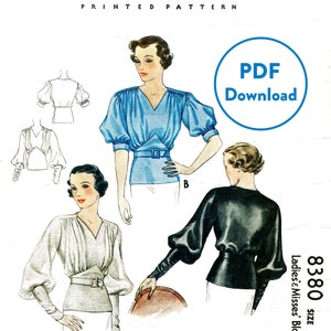 vintage sewing pattern vintage sewing pattern 1930s 30s misses women's art deco evening blouse lantern sleeves Bust 34 Instant Download