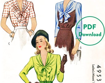 1940s vintage sewing pattern 40s blouse in 3 styles with bow collar / bust 34 / PDF Instant Download