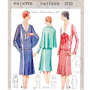 1920s 20s flapper dress vintage sewing pattern reproduction /  3 styles / drop waist / cape capelet / tie collar / bust 34 36 38 40 42