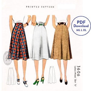 Op de afbeelding: Een vintage naaipatroon voor een rok in de maten M, L en XL. Het patroon toont drie verschillende stijlen rokken: een geruite rok, een witte rok en een bruine rok. Het patroon is gelabeld met "3606 Ladies' Misses Skirt 35" en "PDF Download ML L XL".