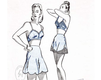 vintage lingerie sewing pattern / 1940s bra & tap shorts  in 2 styles / scallop hem / bust 34 b34 repro reproduction