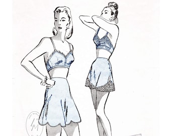 vintage lingerie sewing pattern / 1940s bra & tap shorts  in 2 styles / scallop hem / bust 34 b34 repro reproduction