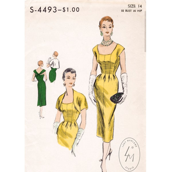 vintage sewing pattern 1950s 50s  evening cocktail wiggle dress low neckline cross back & bolero jacket size small bust 32 b32