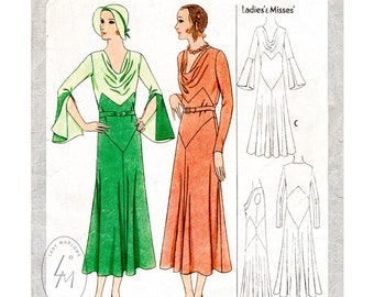 vintage sewing pattern 1930s 30s dress reproduction // art deco seam styling // slit sleeves // cowl neck // bust 32 34 36 38 40