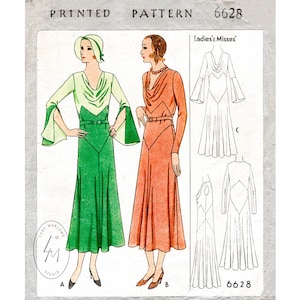 vintage sewing pattern 1930s 30s dress reproduction // art deco seam styling // slit sleeves // cowl neck // bust 32 34 36 38 40