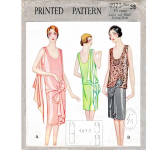 1920s cocktail dress vintage sewing pattern reproduction / drop waist flapper frock / draped scarf / Bust 38 B38