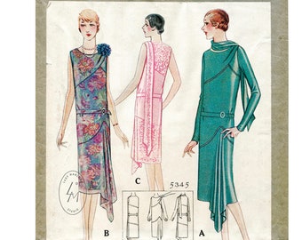 May include: Vintage sewing pattern for a dress, featuring three illustrations of women wearing different styles of the dress. The pattern number is 5345 and the size is 10. The text "PRINTED PATTERN" is at the top of the image.