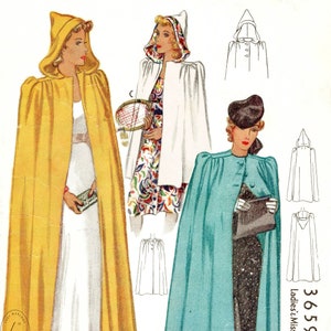 1940s vintage sewing pattern hooded cape / day or evening style / reproduction / PICK YOUR SIZE S M L