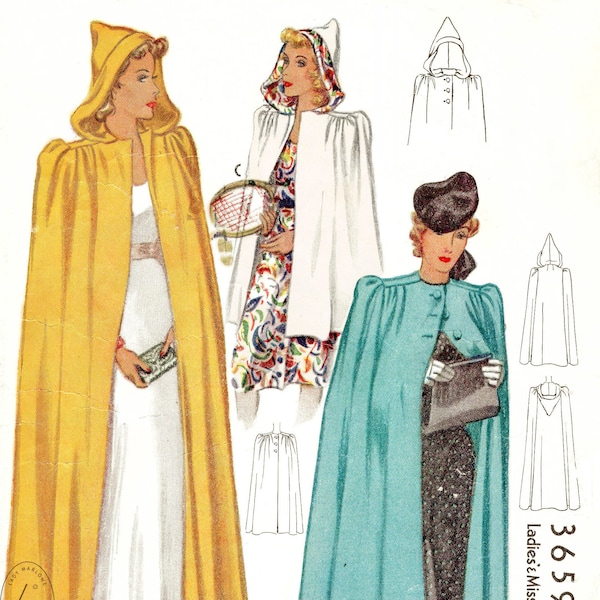 1940s vintage sewing pattern hooded cape / day or evening style / reproduction / PICK YOUR SIZE S M L