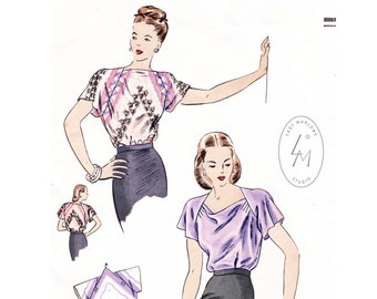 1940 vintage sewing pattern 1940s 40s blouse pattern reproduction // flutter sleeves // draped neckline //  bust 32 34 36 38 40