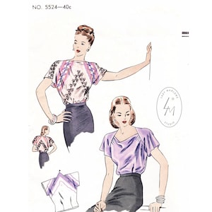 1940 vintage sewing pattern 1940s 40s blouse pattern reproduction // flutter sleeves // draped neckline //  bust 32 34 36 38 40