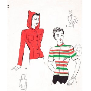 1940s 40s blouse with hood sewing pattern reproduction // rosie the riveter // vintage workwear //  bust 32 34 36 38 40