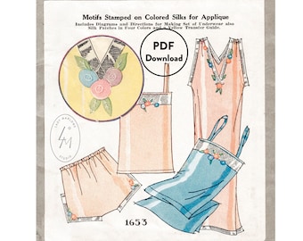 vintage sewing pattern 1920s 20s vintage lingerie sewing pattern 4 piece set slip dress night gown pantie camisole hand embroidery
