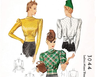 1930s 30s blouse vintage pattern reproduction / evening cocktail / cinched waist / bust 32 34 36 38 40 / English & French instructions