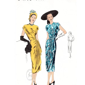 1940 1940s vintage sewing pattern dress with front drape detail shirring gathers / Bust 36 reproduction