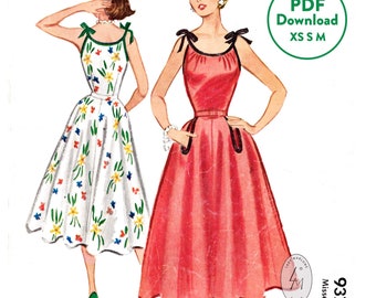 XS S M 1950s rockabilly dress vintage sewing pattern 50s sun dress with bias cut full skirt / spaghetti straps PDF Instant Download