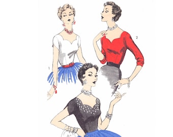 vintage sewing pattern 1950s 50s  blouse / reproduction / scalloped edge / boat neck / evening cocktail / bust 32 34 36 38 40