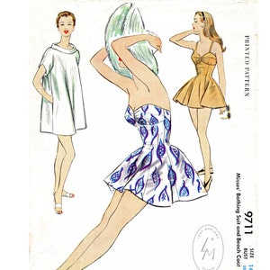1950s vintage sewing pattern 50s swimsuit sewing pattern princess seam playsuit halter & beach tunic bust 32 b32 repro