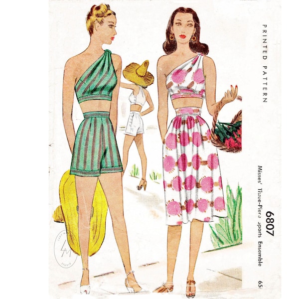 1940s vintage sewing pattern one shoulder crop top, high waist shorts, sun skirt / English & French reproduction / Bust 32 34 36 38 40