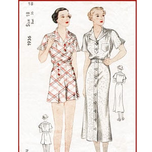 vintage sewing pattern 1930s pattern reproduction // beachwear playsuit blouse & skirt // vintage sewing  // size medium Bust 36