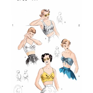 May include: A vintage sewing pattern for a cropped top with four different styles. The pattern includes a white top with a scoop neck, a white top with a V-neck, a yellow top with a scoop neck, and a blue and white striped top with a bow.