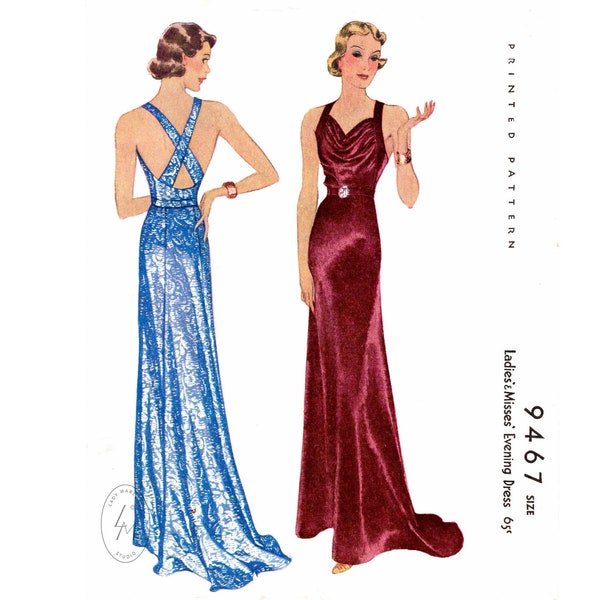 1930s vintage evening gown sewing pattern reproduction / English & French / extended train hem / bridal wedding / Bust 32 34 36 38 40 42