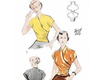 1940 vintage sewing pattern 1940s wrap blouse top kimono sleeves / easy to make reproduction / bust 32 34 36 38