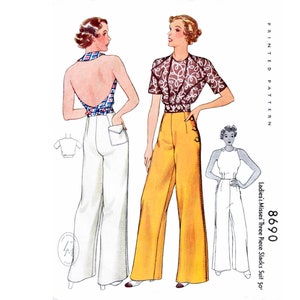 1930s vintage women's sewing pattern repro / sailor slacks pants / beach summer sports / halter top / bolero jacket / bust 32 34 36 38 40