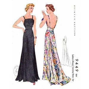 1930s evening dress vintage sewing pattern repro / spaghetti straps / plunge back / English & French / PICK YOUR SIZE bust 32 34 36 38 40