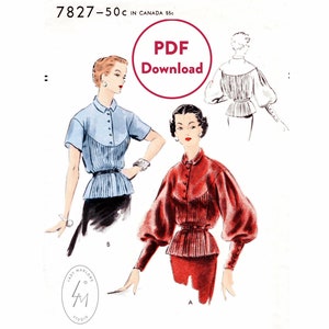 vintage sewing pattern 1950s blouse pattern  / lantern sleeves short sleeves / 1950 blouse / Bust 32 / PDF Instant Download