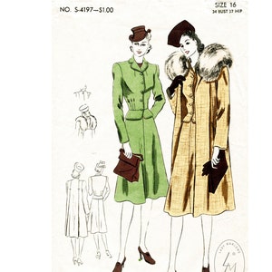 May include: A vintage sewing pattern illustration featuring two women wearing coats. The woman on the left is wearing a green coat with a brown purse. The woman on the right is wearing a yellow coat with a fur collar and brown gloves. The pattern number is S-4197 and the price is $1.00. The size is 16 with a 34 bust and 37 hip.