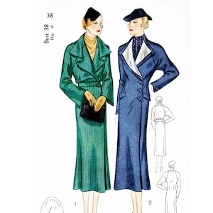 Könnte beinhalten: Zwei Vintage-Modeillustrationen von Frauen in langen Mänteln. Die Frau links trägt einen grünen Mantel mit einem schwarzen Gürtel und schwarzen Handschuhen. Die Frau rechts trägt einen blauen Mantel mit einem weißen Kragen und weißen Handschuhen. Der Text "Bust 38 Hip 41" befindet sich in der oberen linken Ecke des Bildes.