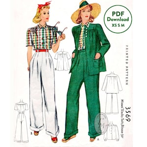 XS S M 1940s workwear vintage sewing pattern 40s blouse boxy jacket and high waisted trousers set / PDF Instant Download