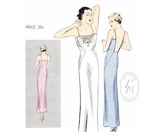 1930 30s pattern evening slip dress plunge back // vintage lingerie sewing pattern reproduction // art deco seams // Bust 32 34 36 38 40