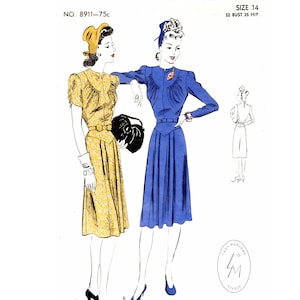 1940 vintage sewing pattern 1940s 40s dress sewing pattern reproduction // jewel neck // shirring detail // curved seams // bust 32