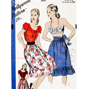 May include: Vintage sewing pattern for a skirt and top. The pattern is for size 14, with a 32 inch bust and 35 inch hip. The pattern is from Hollywood Pattern, and costs 25 cents. The pattern shows a woman wearing a red top with a white and red floral skirt, and another woman wearing a blue skirt with a white top.