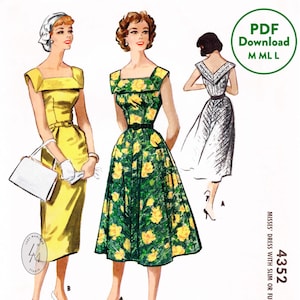 M ML L vintage Schnittmuster 1950er 50s Sonnenkleid Wackelrock oder Tellerrock / breiter quadratischer Ausschnitt / PDF Instant Download